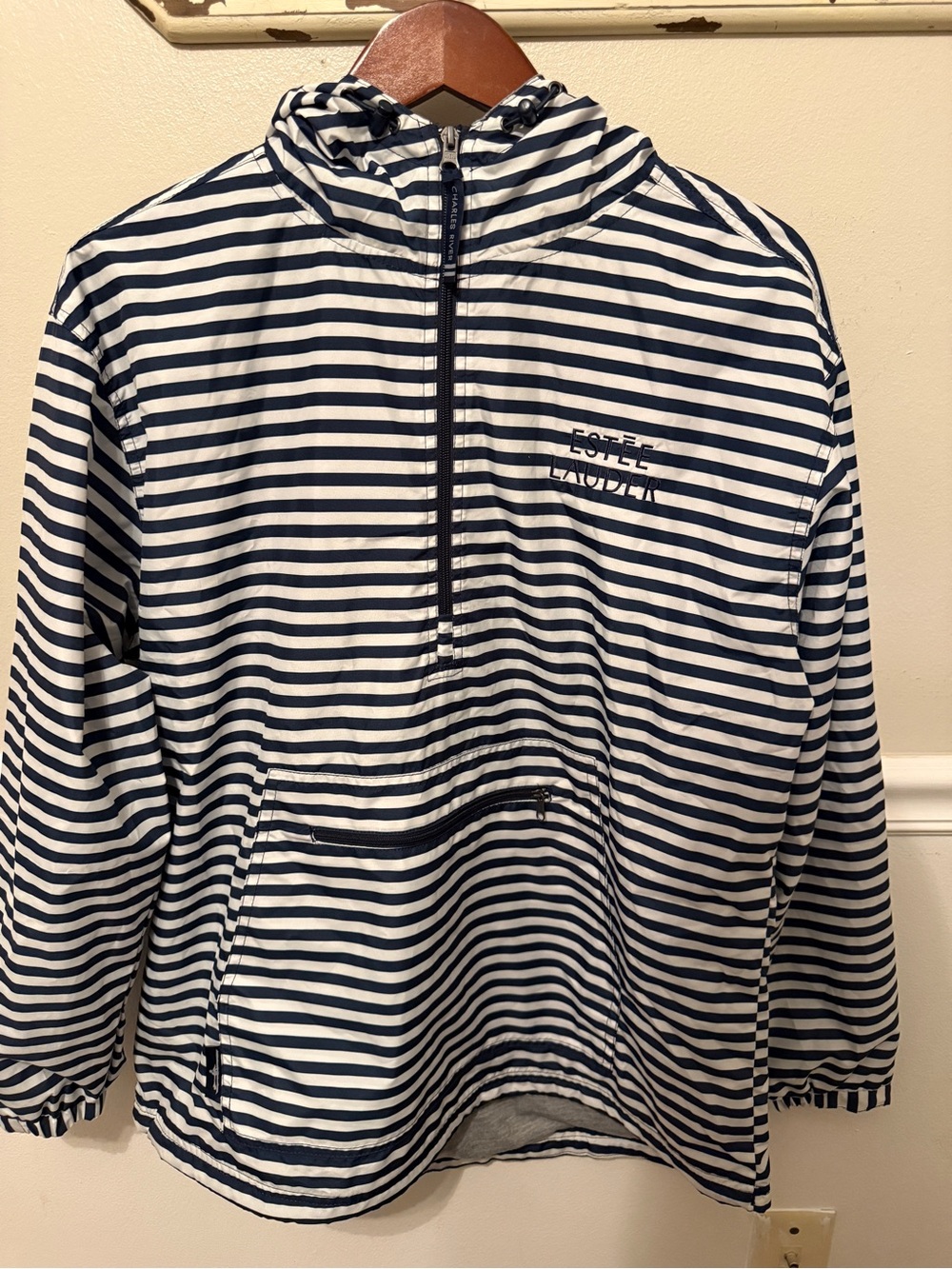 NWT! Charles River Apparel Navy & White Striped Women’s Hooded Rain Pullover